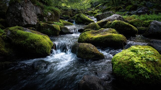 A stream of water flows through a rocky area with moss growing on the rocks. The water is clear and the rocks are large, creating a serene and peaceful atmosphere - Powered by Adobe