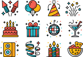 Party celebration icon set, colorful festive symbols, birthday elements, fireworks, balloons, cake, gift box, disco ball, cocktail, speaker, candles, vector design