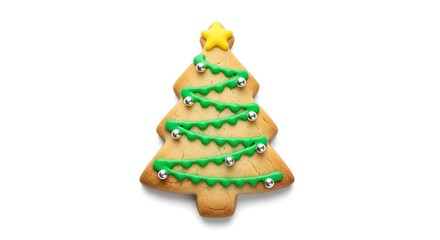 Christmas Tree Cookie Decorated with Green Icing and Silver Ornaments.