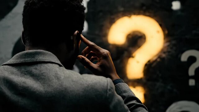 Man faces question marks in dark backdrop. Silhouette thinker shows confusion and doubt. Decision tension fills scene. Mystery and problem surround person. Concept of uncertainty and mental struggle.