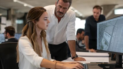 Professional architect designer collaborating with colleagues in a modern office space while discussing structural engineering designs and plans during the daytime