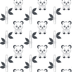 Seamless pattern with cute, hand-drawn baby pandas among bamboo stalks. Perfect for children s products, textiles, wallpaper, postcards, and other design projects. Black and white outline illustration