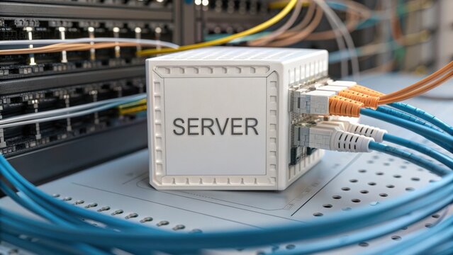 Detailed view of server hardware with multiple cables connected in a data center environment showcasing technology infrastructure - Powered by Adobe