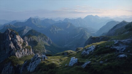 Naklejka premium A mountain range with a clear blue sky. The mountains are covered in grass and rocks. The sky is clear and the sun is shining