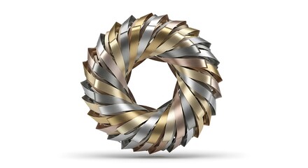 Abstract twisted metallic ring on a white background.