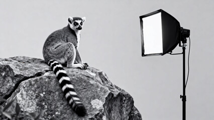 Fototapeta premium Lemur sitting on rock with lighting