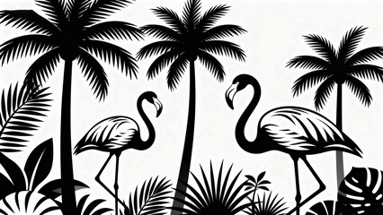 Black and white flamingos with palm trees