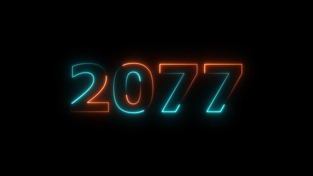 Glowing neon business number 2077 text animation futuristic 4K video.