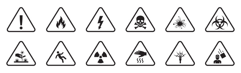 Naklejka na ściany i meble Hazard and warning signs with various danger symbols including toxic, flammable, electrical, biohazard, explosion, slipping and chemical risks shown inside triangular caution shapes – stock vector