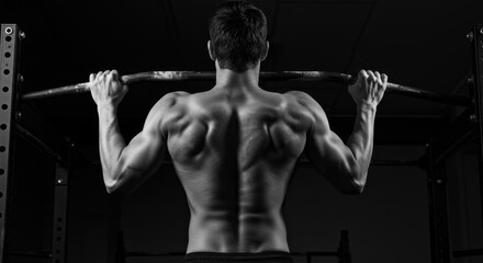 A muscular man's back during a pull-up exercise in a gym, showcasing strength and fitness.
