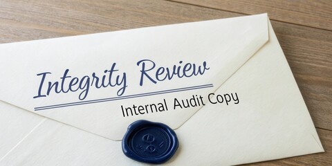 Elegant Envelope with Integrity Review Text and Wax Seal for Internal Audit Copy on Wooden Background