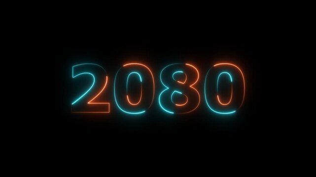 Glowing neon business number 2080 text animation futuristic 4K video.