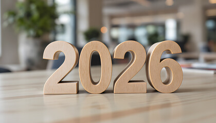 Natural Wooden 2026 Numbers on Table in Modern Office with Soft Bokeh Plants