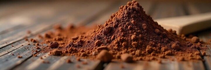 Rich Dark Cocoa Powder Cascading onto Rustic Wood Autumnal Chocolate Texture