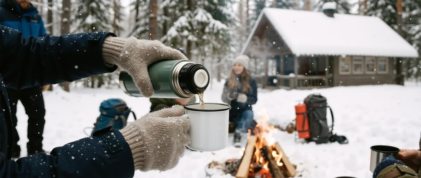 Cozy winter scene of person pouring beverage from a thermos in the snow next to a cabin - Powered by Adobe