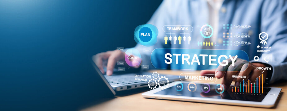 Business strategy and digital marketing planning concept. Person typing on keyboard with data analytics, growth charts, and teamwork icons representing planning and success.