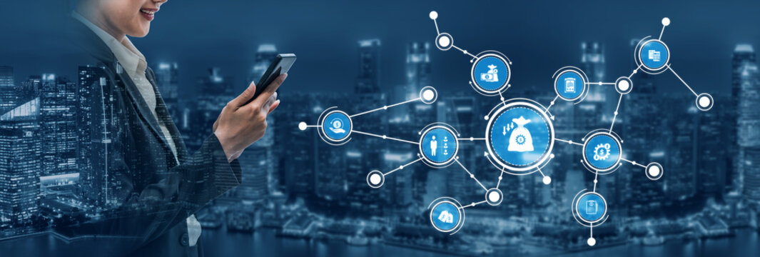 A professional woman interacts with a smartphone amidst a digital network, illustrating the concept of smart home technology and modern connectivity in an urban setting. Tessel