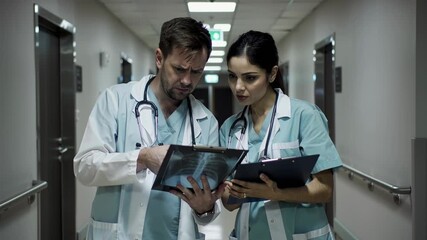 Male doctor and female doctor review patient x-ray in hospital corridor, discussing medical diagnosis and treatment plan together. - Powered by Adobe