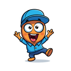 A cheerful and energetic orange cartoon character wearing a blue cap and shirt, dancing with excitement.