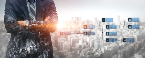 Blockchain structure showing distributed data blocks linked with encryption, representing secure transaction verification, decentralized control, and immutable record system Vouch