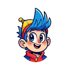 Naklejka premium Cartoon illustration of a young boy with blue hair, wearing a hat and a red hoodie, smiling.