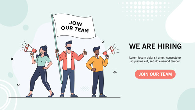 Join Our Team Recruitment Banner – Modern Flat Teamwork and Hiring Vector Illustration. For Poster, Flyer or Landing page concept for UI, Web or Mobile App. - Powered by Adobe