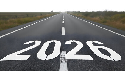 Empty Highway with Giant 2026 Painted on Asphalt Leading to Foggy Future