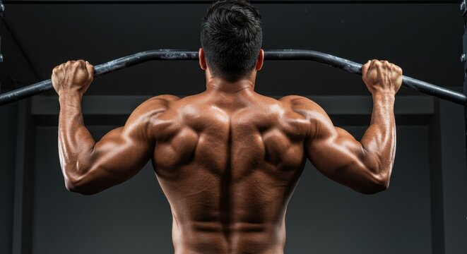 Muscular man performing a lat pulldown exercise in a gym, showcasing a strong and defined back. - Powered by Adobe