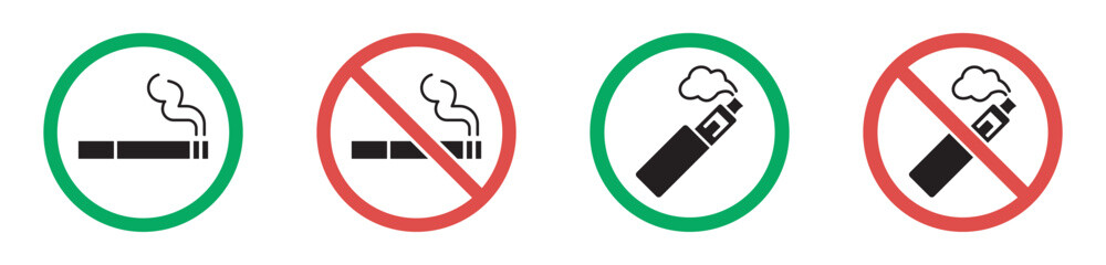 Smoking and vaping icon set with minimal symbols including allowed and prohibited signs for cigarettes and e-cigarettes, featuring green and red circle indicators in clean modern style &ndash; stock vector