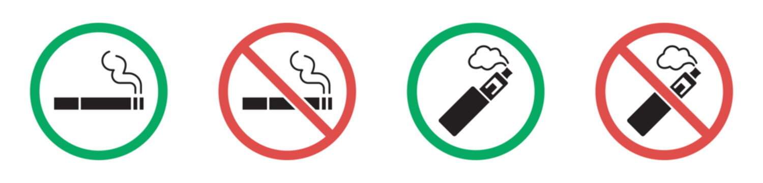 Smoking and vaping icon set with minimal symbols including allowed and prohibited signs for cigarettes and e-cigarettes, featuring green and red circle indicators in clean modern style &ndash; stock vector