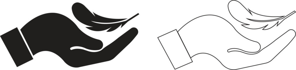 Feather in hand icon set. Gentle touch concepts, minimalist nature graphics, lightness illustrations for creative design collection and beauty product badge vectors in black flat and outline styles.
