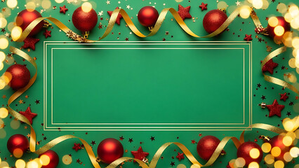 Elegant festive green background with a golden frame, shimmering red ornaments, and sparkling bokeh lights, perfect for holiday greetings or a special message template