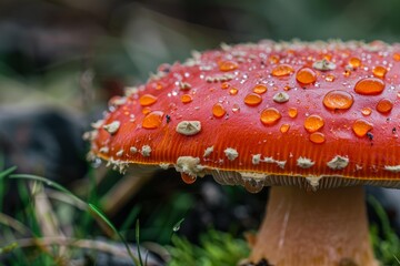 Obraz premium Vibrant red mushroom cap covered in glistening water droplets, thriving in a lush green environment