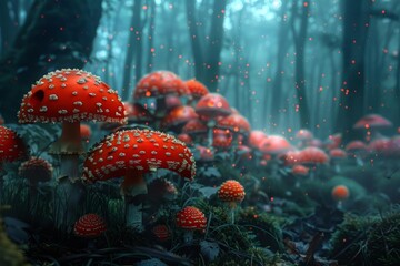 Naklejka premium Red and white spotted fly agaric mushrooms growing in a mysterious, enchanted forest with glowing particles and fog creating a magical, otherworldly atmosphere