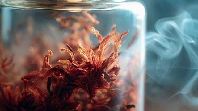 Mystic spiritual aromatherapy ritual using natural incense smoke with red herb and flower blooming inside glass jar, creating an enchanting and magical wellness potion