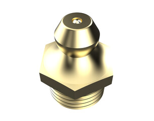Precision Brass Zerk Fitting Component, vital for Heavy Duty Machinery Lubrication Systems MRO. Realistic 3D Rendering, technical industrial maintenance supply part, isolated PNG cut out for repair