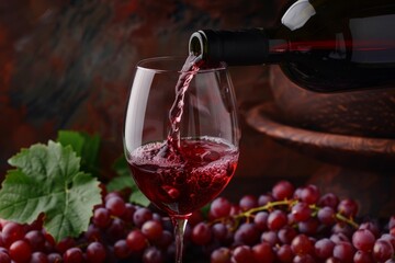 Fototapeta premium Red wine pouring from bottle into glass with fresh grapes and vine leaves on rustic wooden background
