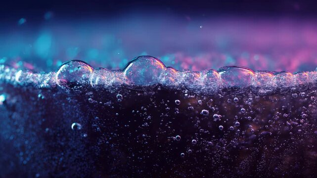 Mysterious abstract background of fizzy liquid water, macro closeup showing dynamic bubble texture. effervescent surface glows with mesmerizing blue and purple light