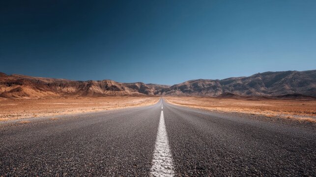 A long, empty road stretches out into the distance, with a clear blue sky above. The emptiness of the road and the vastness of the sky create a sense of solitude and freedom