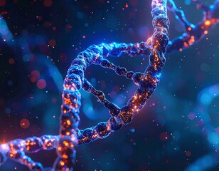 Illuminated, glowing DNA strand with blue and orange bokeh