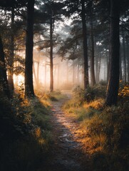 Obraz premium Forest path with rising sun light illuminating fog