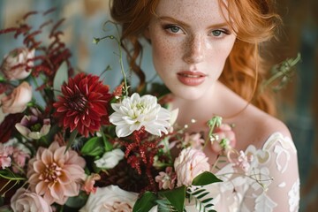 Naklejka premium Redhead bride with freckles holding colorful wedding bouquet posing for bridal portraits