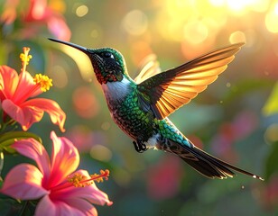 Fototapeta premium Hummingbird in flight, illuminated by sunlight near blooming pink flowers