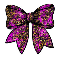Stylish purple and gold bow with leopard print and hearts for a chic, trendy, and eye-catching design element perfect for fashion and gift themes