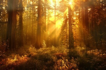 Sunbeams filtering through majestic redwood trees create a magical atmosphere in a misty forest