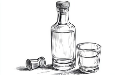 Hand drawn bottle and glass with liquid in detailed black ink, vintage drink illustration for label and design
