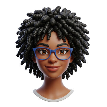 detailed 3d avatar of a cheerful young black woman with voluminous curls, thick blue glasses, centered bust-up on a transparent background. concept of modern digital identity