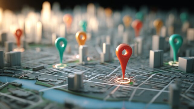 Detailed city map vector illustration with 3d pin pointers, modern urban layout, location markers, and navigation concept in clean minimal style