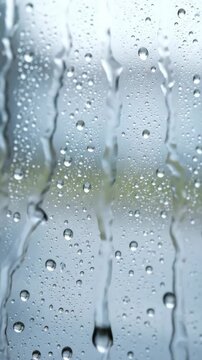 Rain drops sliding on window glass, blue moody weather texture, sad rainy day atmosphere, vertical 9:16 background for social media stories