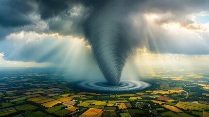 A dark tornado looms in the sky over a green field, surrounded by ominous clouds